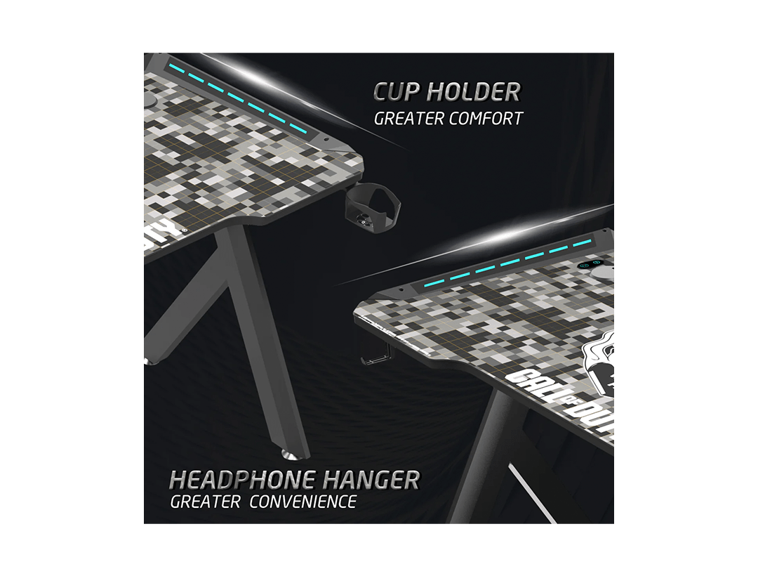GAMEON Call Of Duty Hawksbill Series RGB Flowing Light Gaming Desk With Mouse pad, Headphone Hook & Cup Holder - Black/Grey in Qatar GAMEON Call Of Duty Hawksbill Series RGB Flowing Light Gaming Desk With Mouse pad, Headphone Hook & Cup Holder - Black/Grey in Qatar